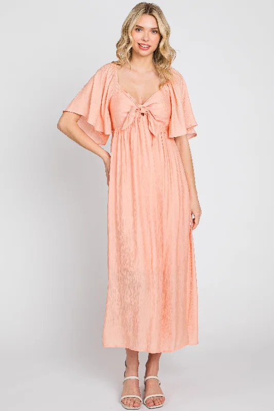 Peach Front Tie Ruffle Sleeve Midi Dress Stylish Halter Neck Midi Dress