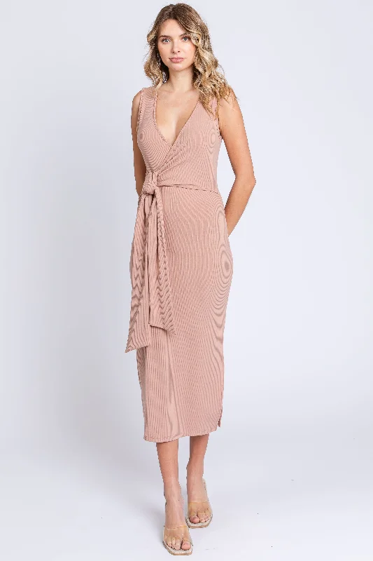 Peach Rib Knit Side Tie Midi Dress Chic Lace Detail Midi Dress