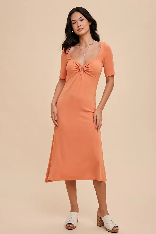 Peach U Notched Midi Dress Comfortable Lace-Up Midi Dress