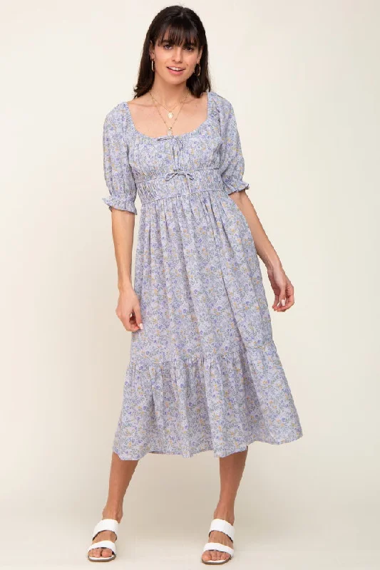 Periwinkle Floral Square Neck Front Tie Midi Dress Trendy Shift Midi Dress