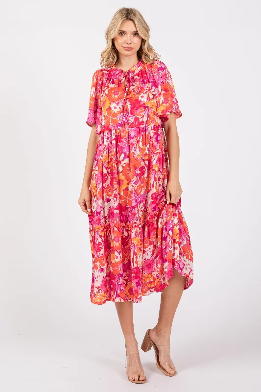 Pink Floral Satin Ruffle Short Flutter Sleeve Midi Dress Comfortable Ribbed Midi Dress