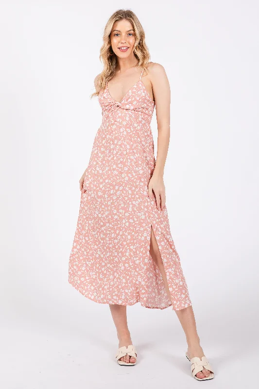 Pink Floral Side Slit Midi Dress Comfortable Deep V Midi Dress