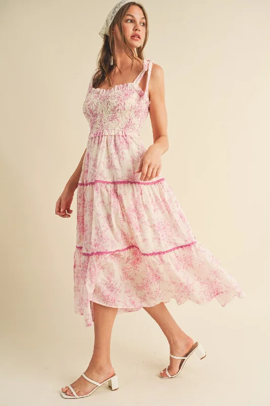 Pink Floral Sleeveless Ruffle Tiered Midi Dress Stylish Cold Shoulder Midi Dress