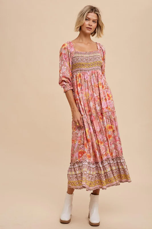 Pink Floral Smocked Half-Length Sleeves Midi Dress Elegant Velvet Midi Dress