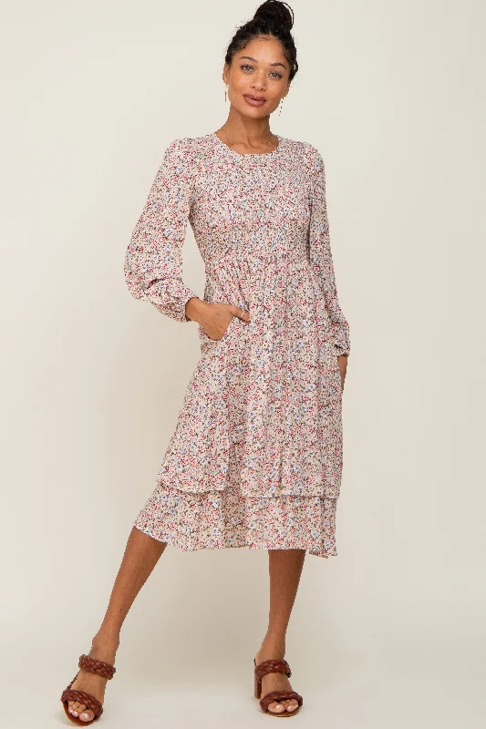 Pink Floral Smocked Long Sleeve Midi Dress Comfortable Draped Midi Dress