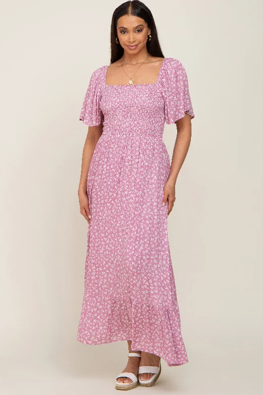 Pink Floral Smocked Midi Dress Trendy Tiered Hem Midi Dress