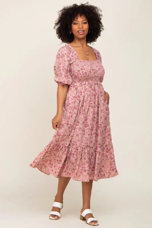 Pink Floral Smocked Midi Dress Fashionable High-Neck Midi Dress