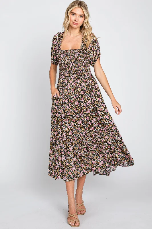 Pink Floral Smocked Puff Sleeve Midi Dress Trendy Ruffle Hem Midi Dress