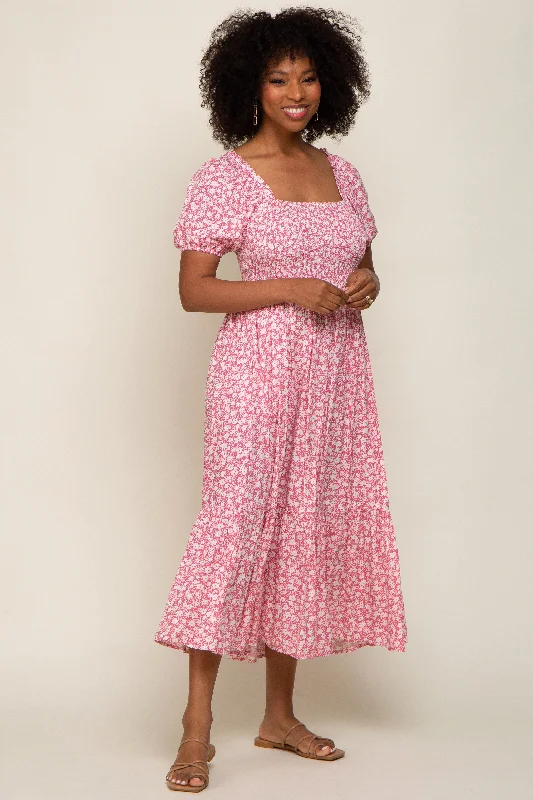 Pink Floral Smocked Short Sleeve Midi Dress Stylish Cold Shoulder Midi Dress
