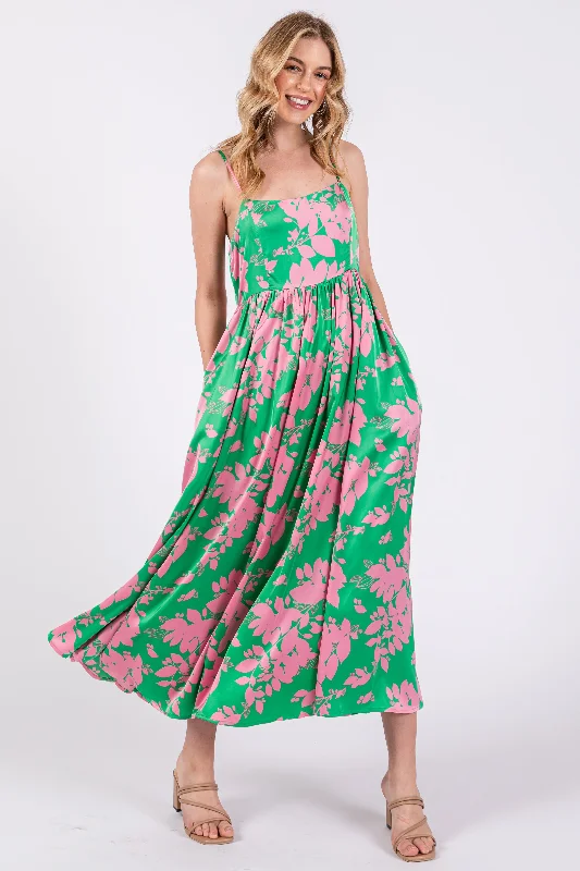 Pink Leaf Print Satin Square Neck Midi Dress Stylish Halter Neck Midi Dress