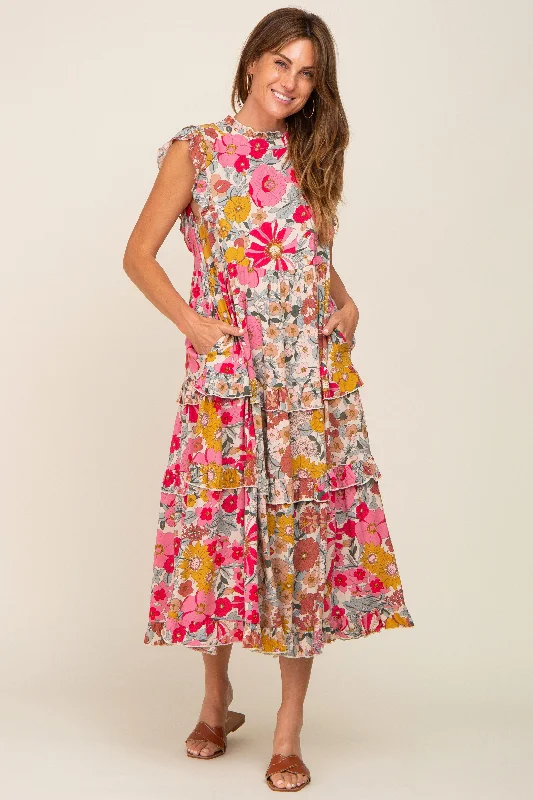 Pink Retro Floral Ruffle Tiered Midi Dress Elegant Satin Midi Dress
