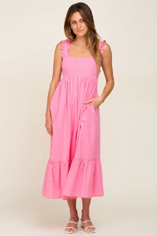 Pink Ruffle Accent Back Tie Midi Dress Trendy Smocked Waist Midi Dress
