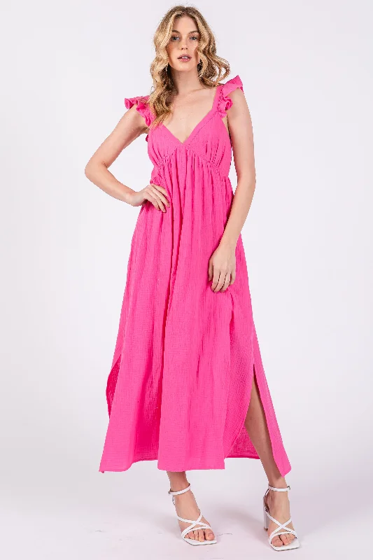 Pink Ruffle Strap Midi Dress Fashionable Pencil Midi Dress