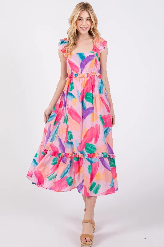 Pink Watercolor Print Ruffle Accent Midi Dress Trendy Smocked Detail Midi Dress