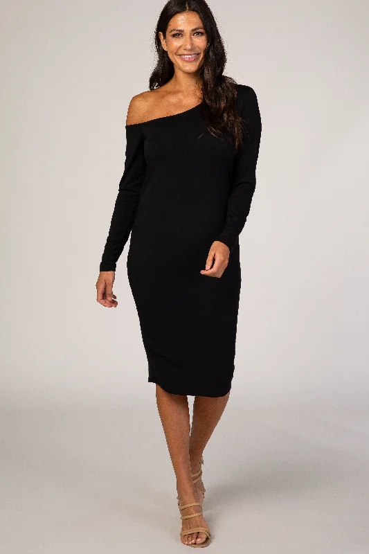 PinkBlush Black One Shoulder Fitted Midi Dress Comfortable Wrap Midi Dress