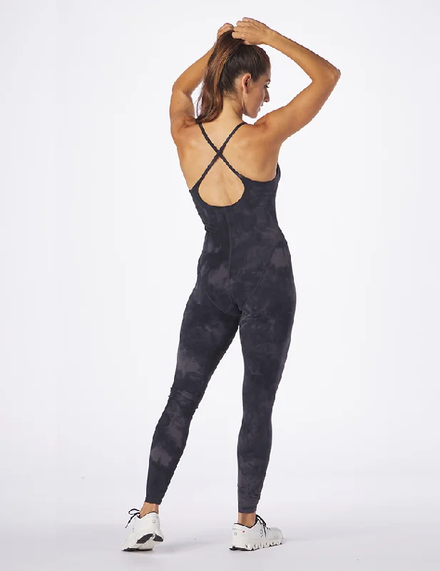 Pure Bodysuit: Black Tie-Dye Trendy Bodysuit with Halter Neckline