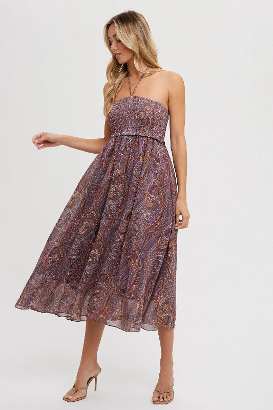 Purple Paisley Halter Smocked Midi Dress Trendy Floral Wrap Midi Dress