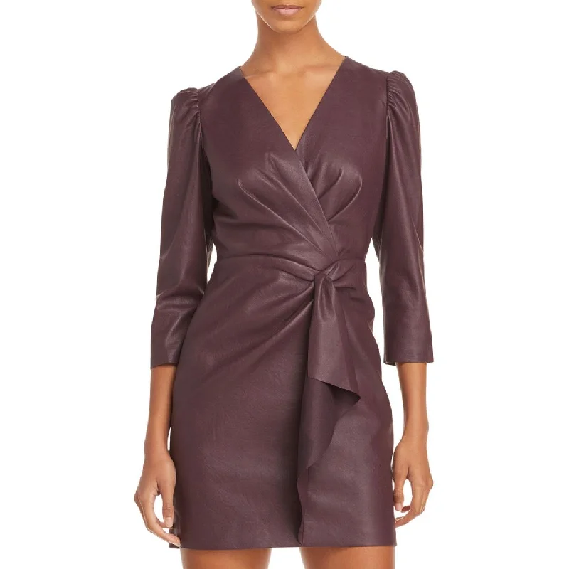 Rebecca Taylor Womens Vegan Leather Plunging Wrap Dress Comfortable Fit-and-Flare Wrap Dress