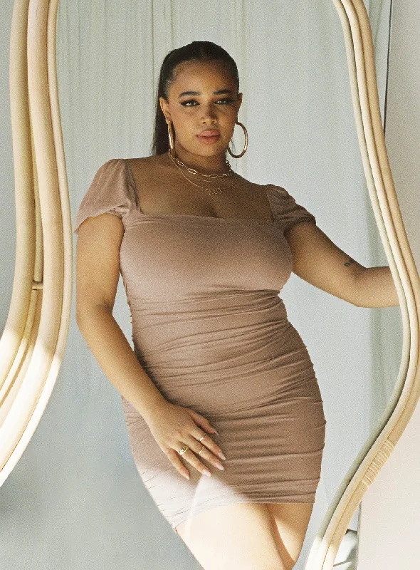 Charvi Mini Dress Tan Curve Elegant Mini Dress with Pleats