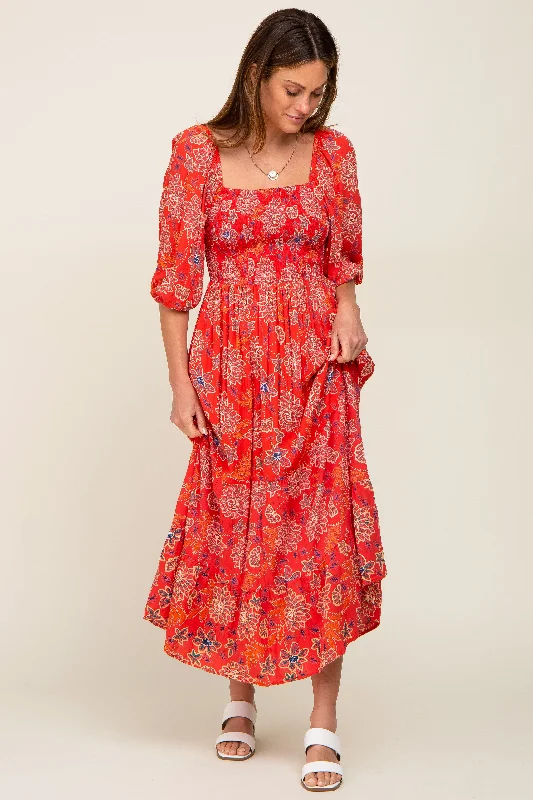 Red Floral Smocked Square Neck Tiered Midi Dress Cozy Wide Strap Midi Dress