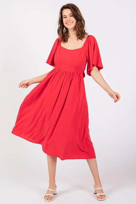 Red Flutter Short Sleeve Back Tie Cutout Midi Dress Chic Off-Shoulder Midi Dress