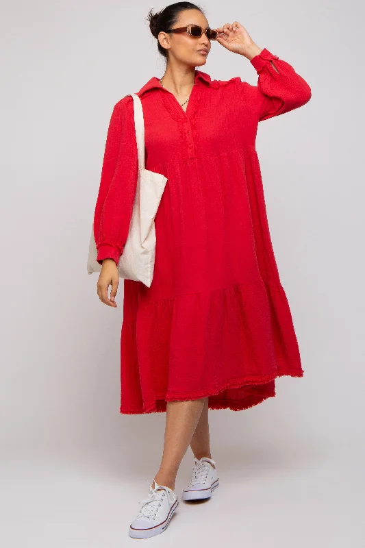 Red Fringe Midi Dress Cozy Ribbed Knit Midi Dress