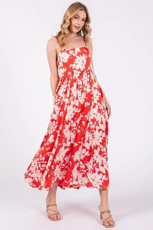 Red Leaf Print Satin Square Neck Midi Dress Fashionable Shift Midi Dress