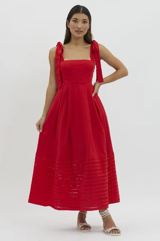 Red Linen Square Neck Shoulder Tie Eyelet Hem Midi Dress Trendy Mock Neck Midi Dress