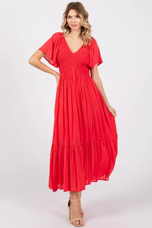 Red Smocked Flutter Sleeve Midi Dress Chic Bohemian Midi Dress