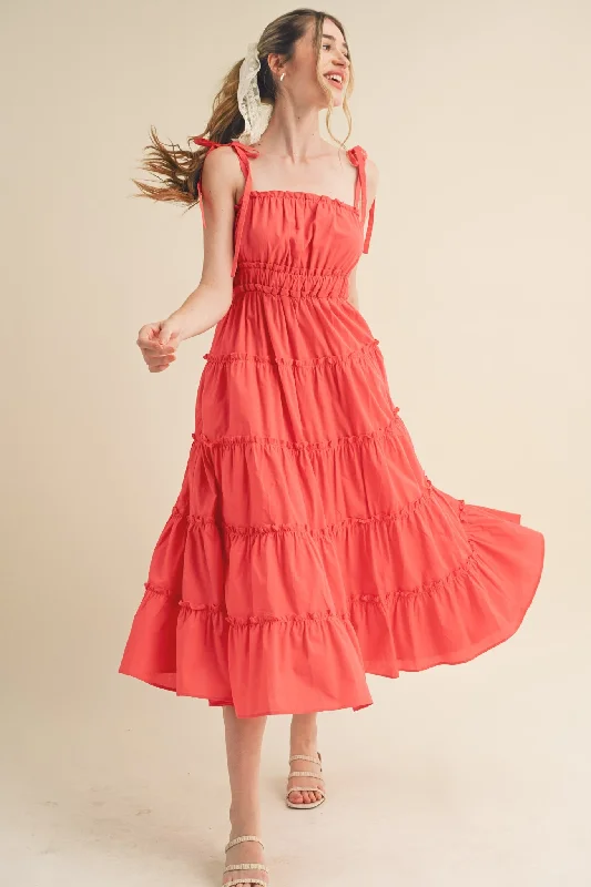 Red Tiered Tie Strap Midi Dress Fashionable Sheer Sleeve Midi Dress