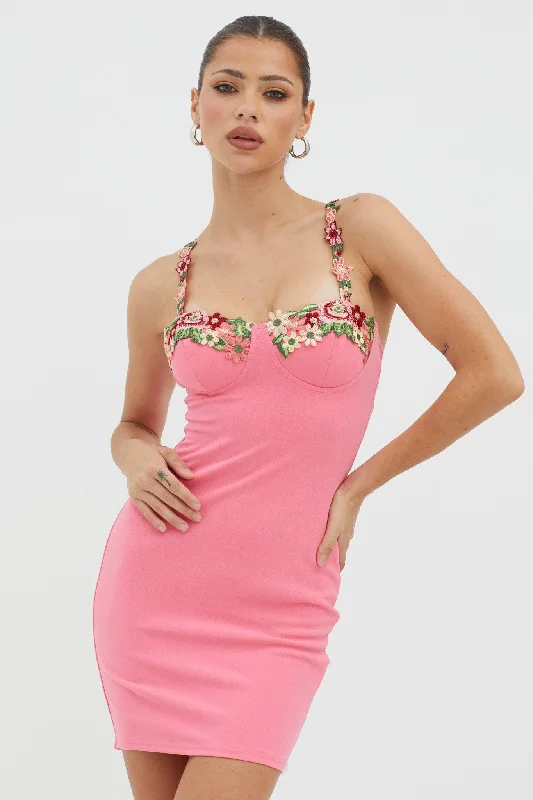 Rose Garden Floral Applique Bodycon Mini Dress Hot Pink Comfortable Bodycon Mini Dress
