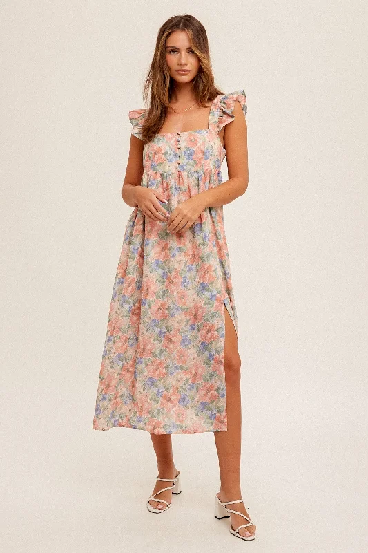 Rose Pink Water Color Floral Print Ruffele Sleeve Midi Dress Elegant Satin Button Midi Dress