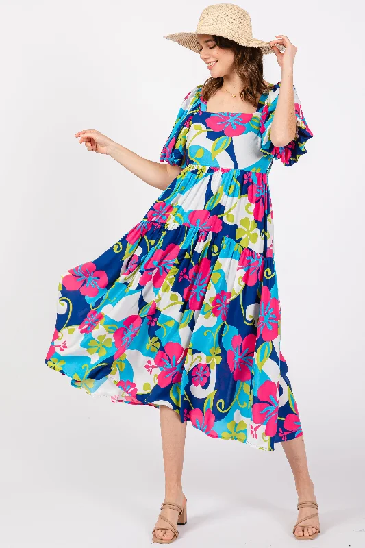 Royal Floral Tiered Puff Sleeve Midi Dress Comfortable Geometric Print Midi Dress