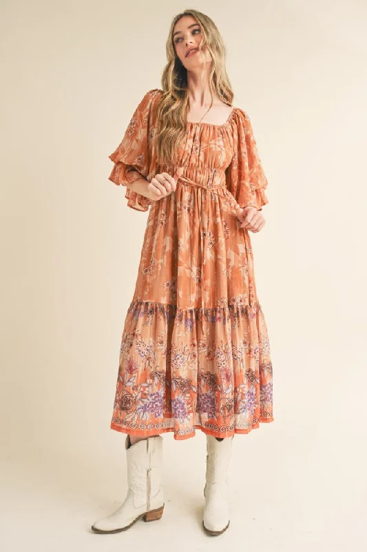 Rust Floral Puff Sleeve Tiered Midi Dress Cozy Knit Midi Dress