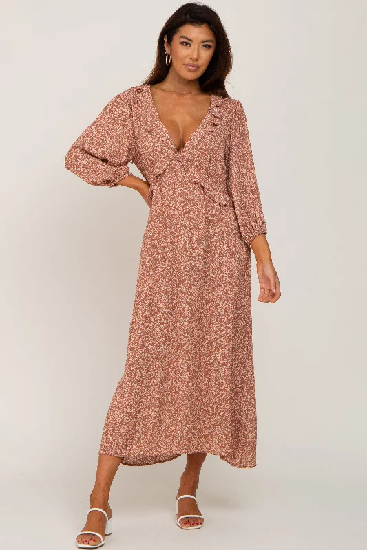 Rust Floral Ruffle V-Neck Midi Dress Stylish Animal Print Midi Dress