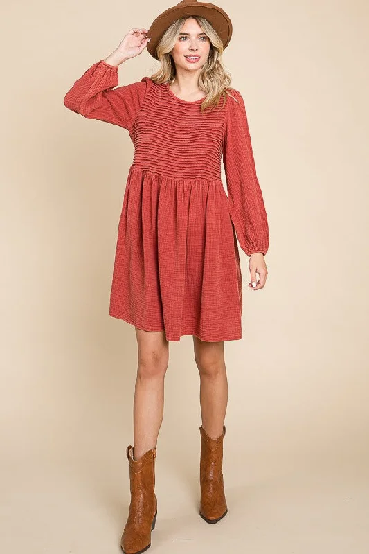 Rust Front Pintuck Cotton Midi Dress Trendy Off-Shoulder Button Midi Dress