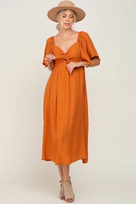 Rust Front Tie Ruffle Sleeve Midi Dress Stylish High-Waisted Midi Dress