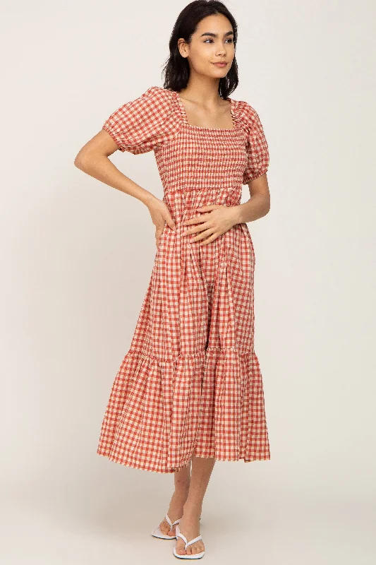Rust Gingham Smocked Midi Dress Trendy Long Sleeve Midi Dress