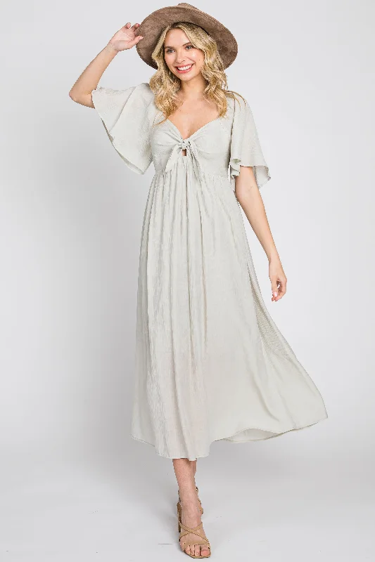 Sage Front Tie Ruffle Sleeve Midi Dress Elegant Floral Appliqué Midi Dress