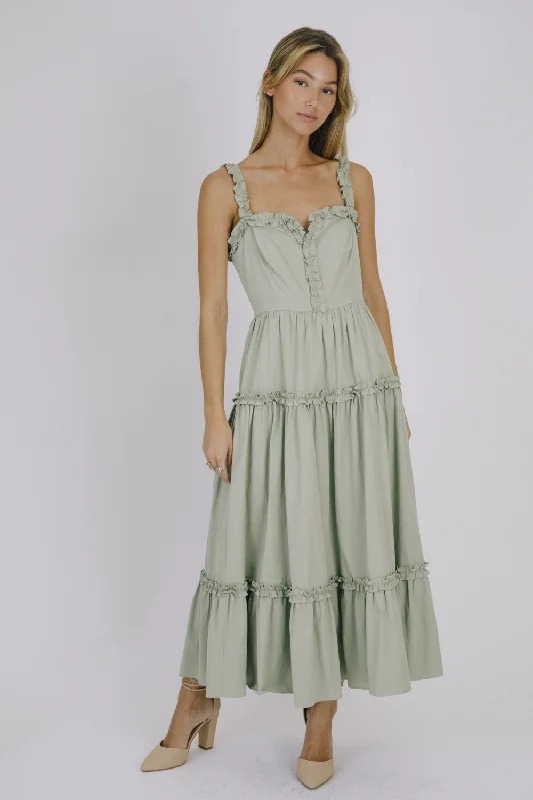 Sage Monochromatic Ruffled Trim Midi Dress Comfortable Sleeveless Midi Dress