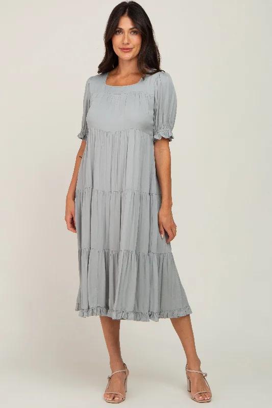 Sage Tiered Ruffle Hem Midi Dress Comfortable Casual Midi Dress