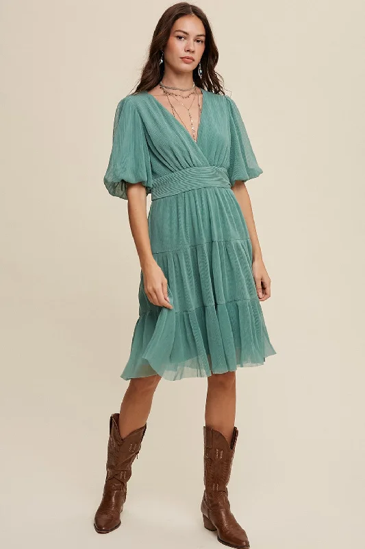 Sage V-Neck Pleated Mesh Cinched Waist Midi Dress Trendy Fit-and-Flare Midi Dress