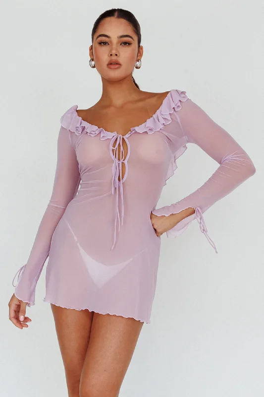 Sea Dreaming Ruffle Trim Mini Dress Lilac Cozy Satin Mini Dress