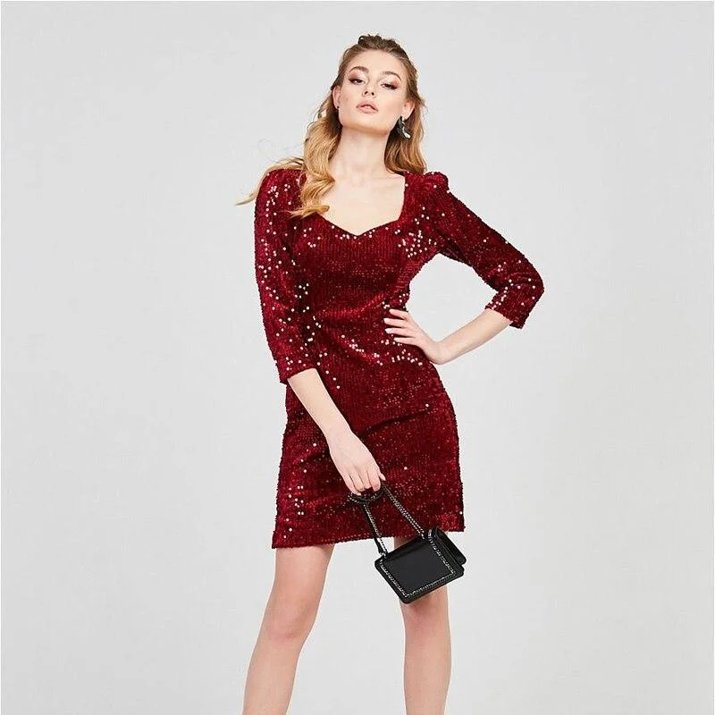 FashionSierra - Sexy Square Collar Three Quarter Sleeve Sequin Mini Dress Classic Floral Mini Dress FashionSierra - Sexy Square Collar Three Quarter Sleeve Sequin Mini Dress Classic Floral Mini Dress