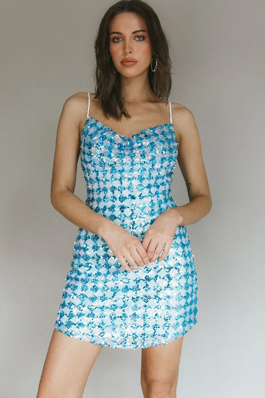 Show Me Love Cowl Neck Mini Dress Sequin Check Blue Elegant Mini Dress with Pleats