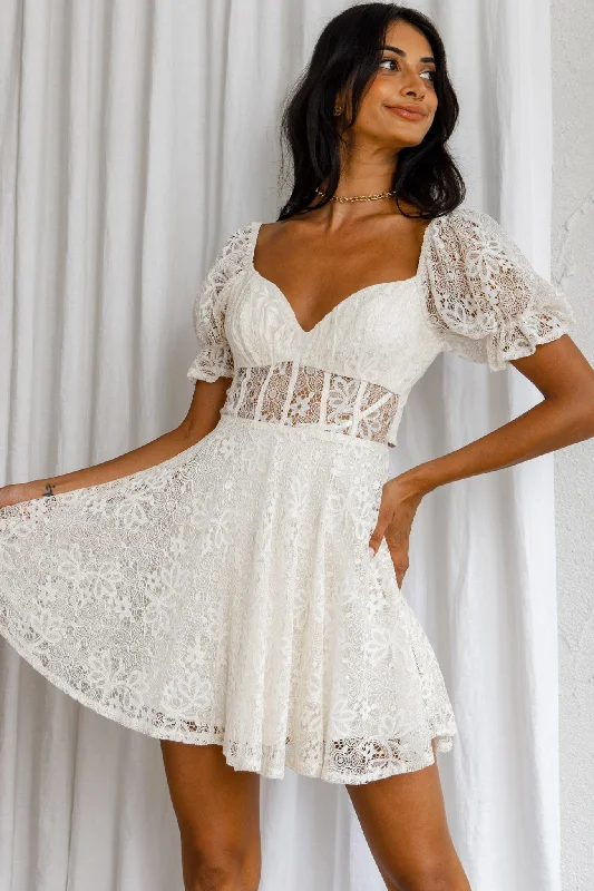 Soho Puff Sleeve Tied Back Lace Mini Dress Cream Fashionable Button-Front Mini Dress