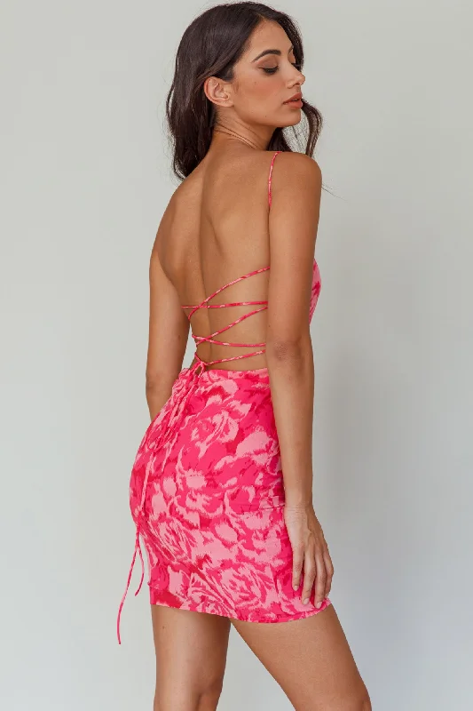 Spring Fever Lace-Up Back Mini Dress Floral Pink Fashionable A-Line Mini Dress