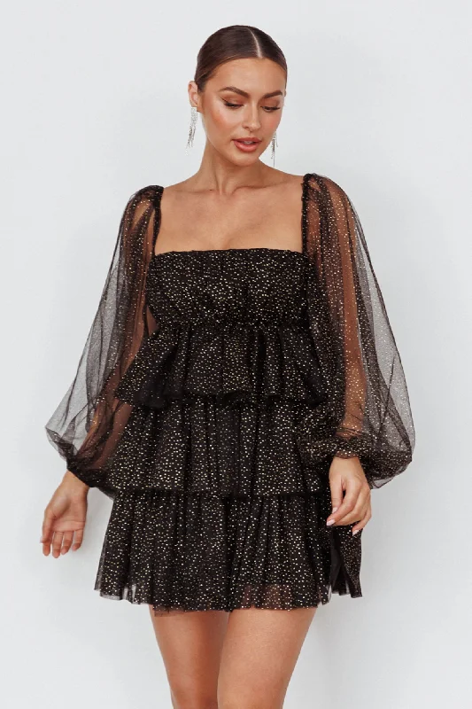 Spring Morning Long Sleeve Tiered Mini Dress Black/Gold Classic Casual Mini Dress