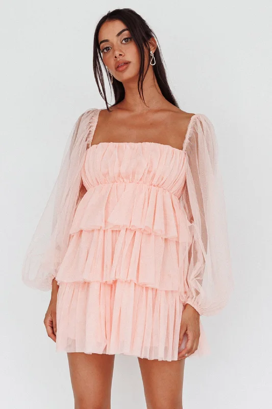 Spring Morning Long Sleeve Tiered Mini Dress Pink Stylish Plaid Mini Dress