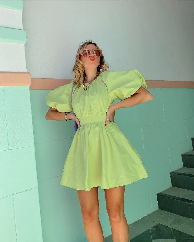 FashionSierra - Summer Dress Green Solid Color Round Neck Puff Sleeve Mini Dress Stylish Short Sleeve Mini Dress